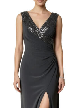 Ralph Lauren Gray Sequin Dress Hi Slit Ruched Formal Evening Gown V-Neck Size 6
